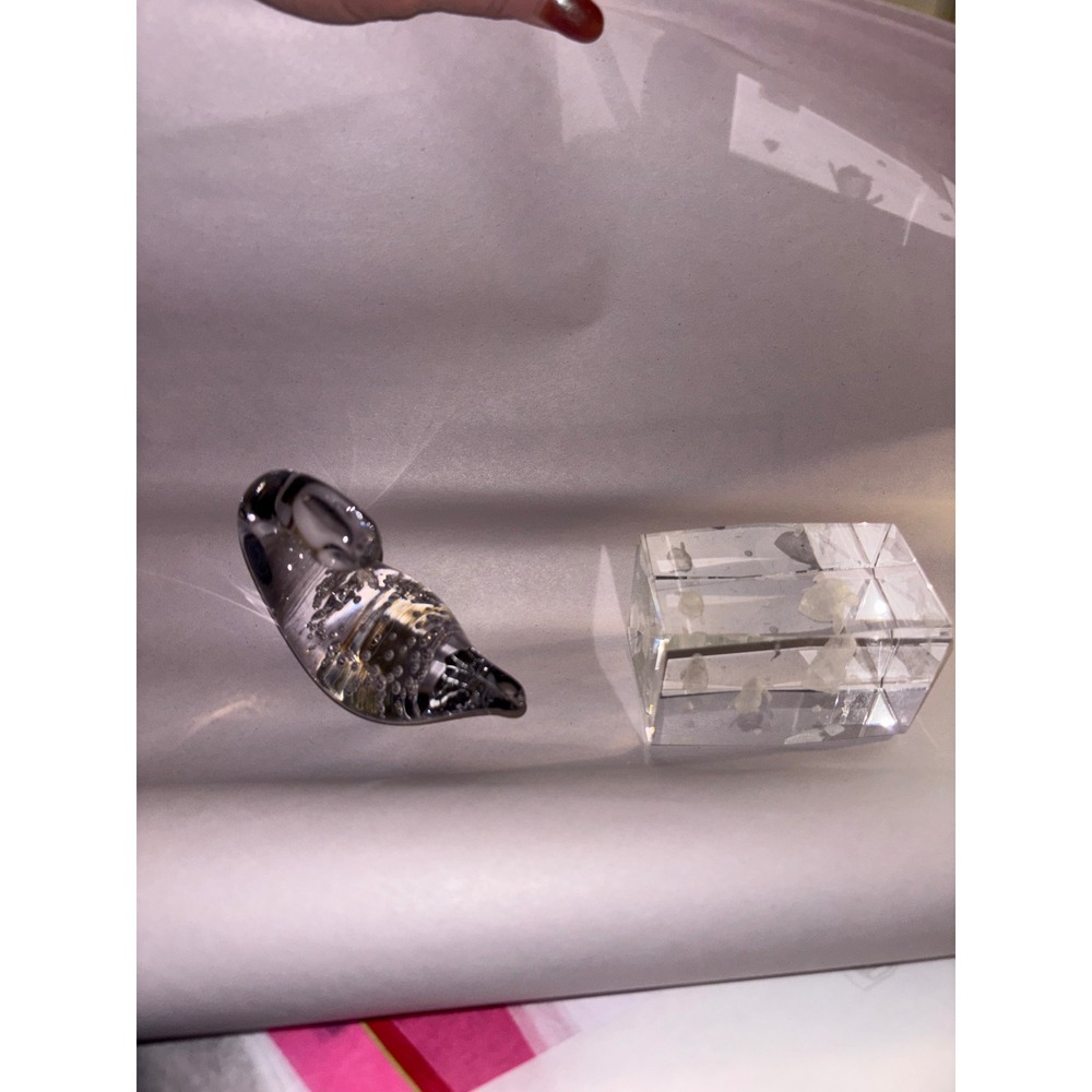Art Glass Paperweight Set Controlled Bubble Bird & Laser Etched Penguin Crystal
